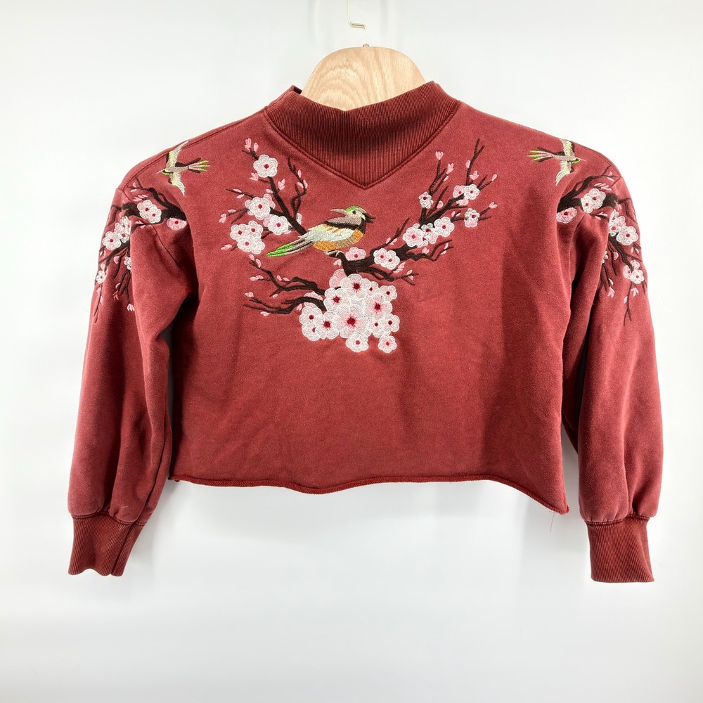 Altar'd State Embroidered Bird Cherry Blossom Cropped Sweatshirt‎ Rust Small S